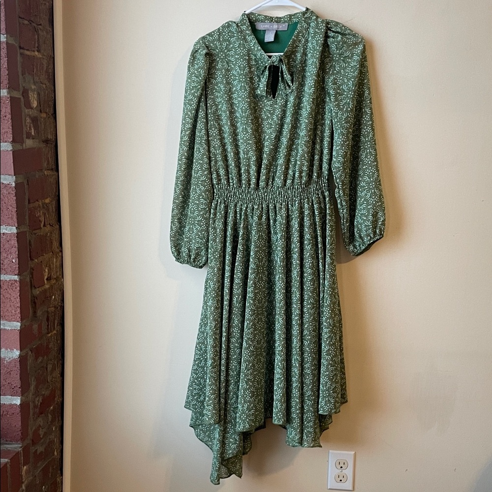 Asymmetrical Lark + Grey Green and White Quarter Sleeve Paisley Patterned Dress‎
